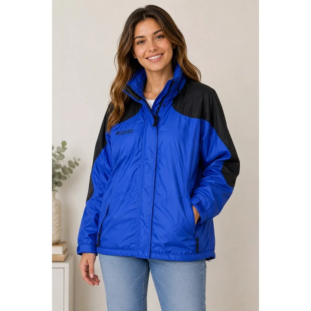 Columbia Womens XL Y2K Blue Black Colorblock Lightweight Outdoor Jacket Vintage